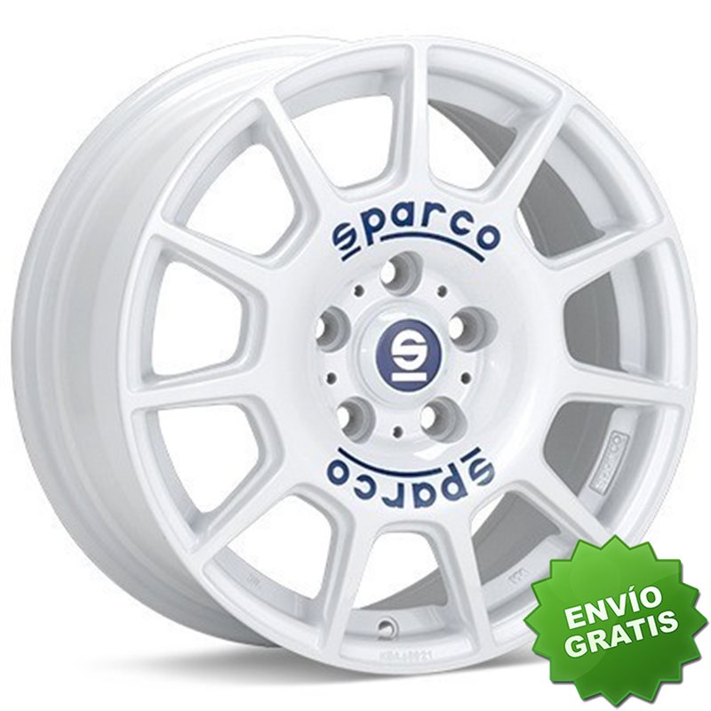 Llanta exclusiva Oz Sparco Terra 7x16 4x100 Et42 Blanco Blue Lettering